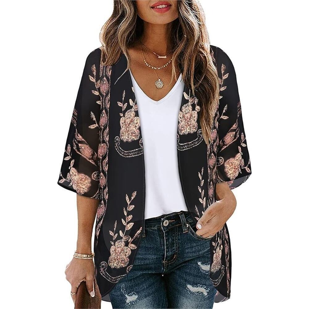 NEW Black Gold Women's 3X Floral Print Kimono Cardigan Loose Cover Up Shirt